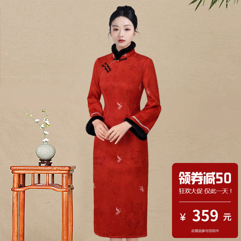 复古风红色长袖旗袍女中长款修身气质新中式拜年服日常可穿老上海