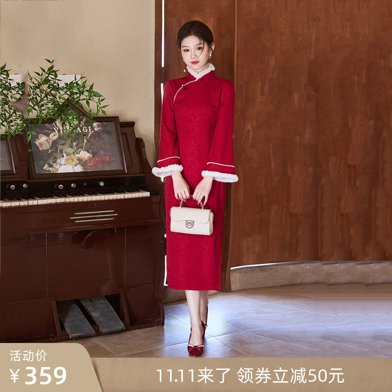 红色冬装加绒加厚国风中式长款