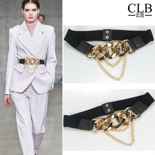 腰封外搭西装装饰连衣裙子衬衫链条设计款弹力松紧黑色宽腰带秋冬