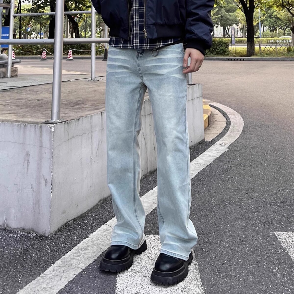 Verborgen浅蓝色牛仔裤秋季新款美式高街男宽松休闲阔腿直筒水洗