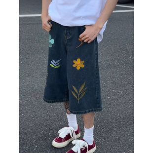 深蓝色花朵刺绣牛仔短裤男夏季宽松阔腿裤子美式设计感直筒七分裤
