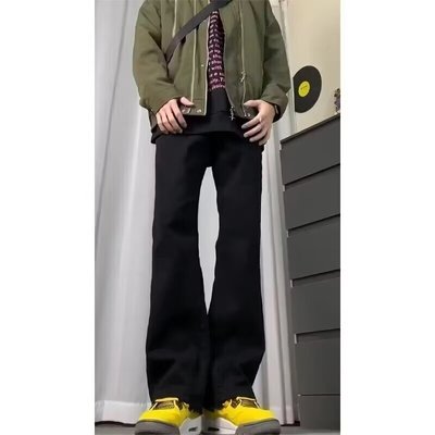 cleanfit微喇牛仔裤男美式vibe高街直筒裤韩版潮流做旧黑色长裤子