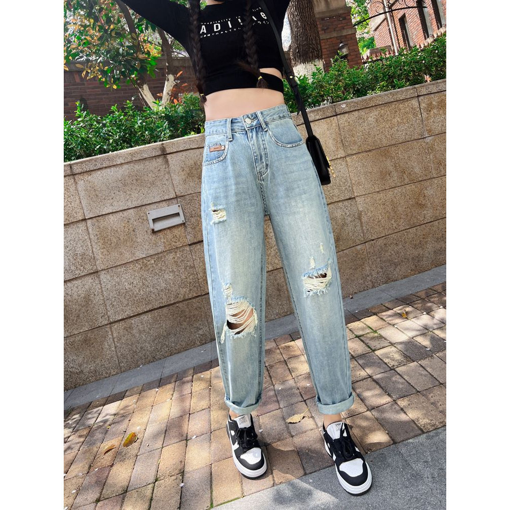 胖mm破洞阔腿牛仔裤女夏新款高腰宽松百搭宽松显瘦小脚九分哈伦裤