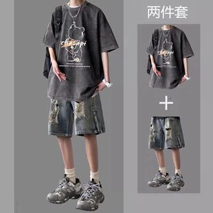 男纯棉T恤ins牛仔短裤夏季短袖休闲运动套装痞帅男士薄款男生学生