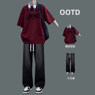 夏季男长裤纯棉T恤短袖休闲运动套装情侣韩版牛仔裤潮流百搭学生
