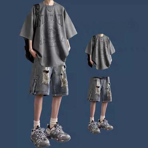 夏季破洞牛仔短裤纯棉印花短袖青年休闲套装ins日系男士裤子宽松