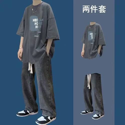 青少年痞帅纯棉短袖夏季男休闲运动套装帅气ins韩版牛仔裤子潮流