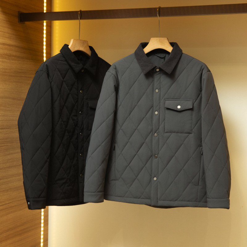 意式老钱风！菱格绗棉填充！外贸男装秋冬简约百搭纯色翻领棉衣潮