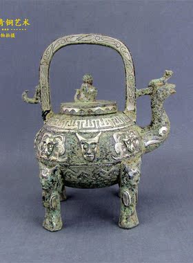 仿古青铜器错银提梁卣工艺品家居摆件影视道具装饰品办公桌博古架