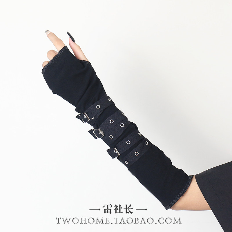 黑色铆钉布绑带手腕带加长款手臂套个性辣妹机车风露指手袖套土酷