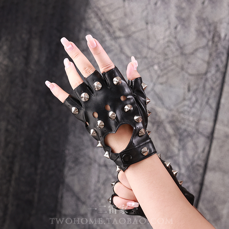 皮手套女半指辣妹露指铆钉PU手套