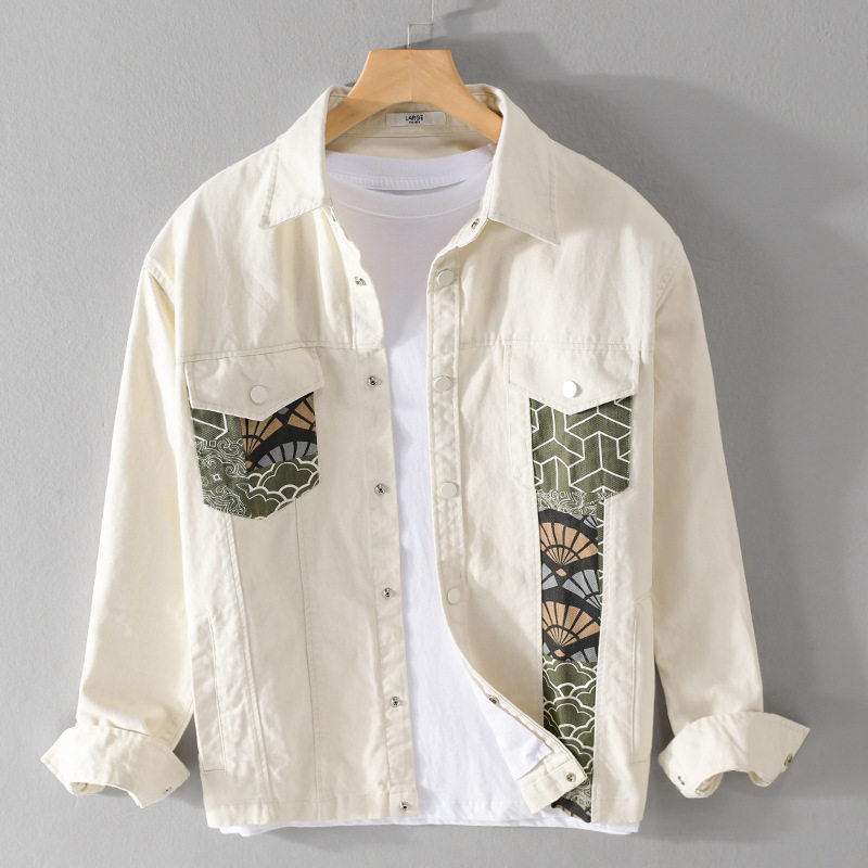 男士工装外套春秋款潮流百搭休闲上衣纯棉潮牌印花拼接衬衫式夹克
