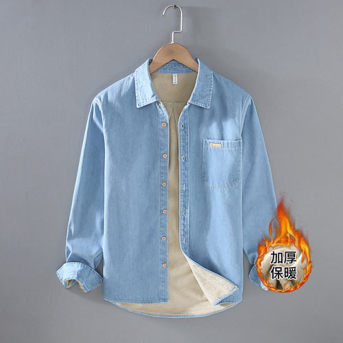 冬季加绒牛仔衬衫男长袖宽松大码