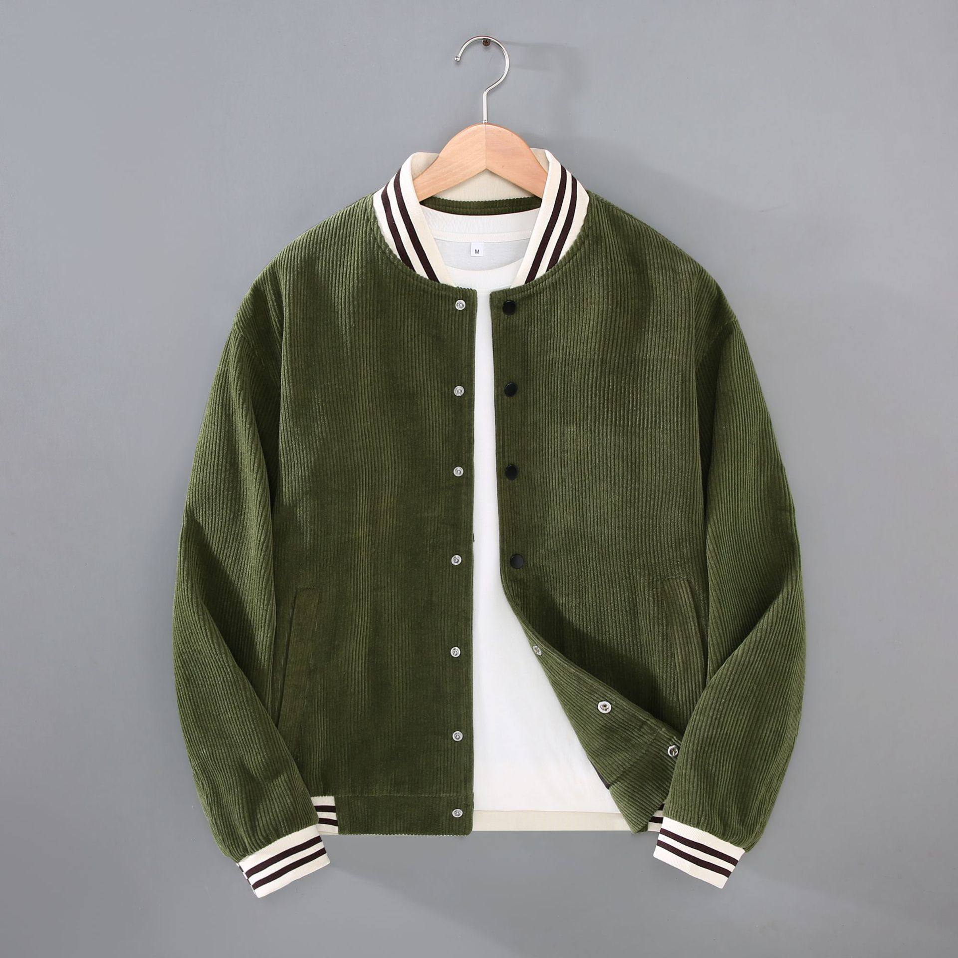 高端灯芯绒立领夹克男春季宽松大码休闲上衣日系复古棒球服外套潮