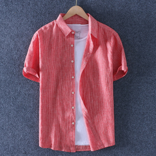 细条纹亚麻衬衫男短袖夏季薄款宽松休闲上衣日系复古棉麻衬衣半袖