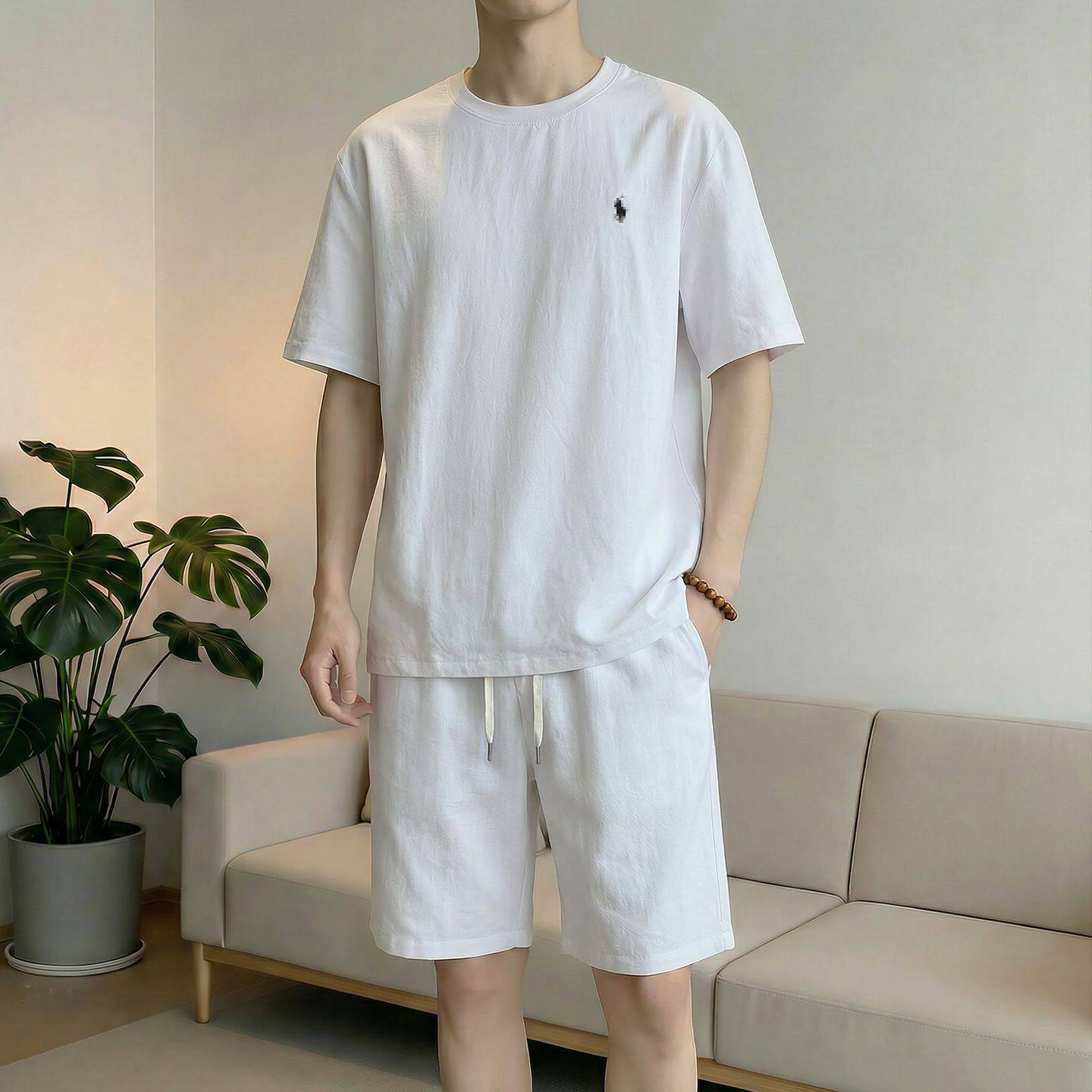 G203夏季新款老钱风时尚天丝亚麻冰感透气男士休闲套装时尚百搭潮