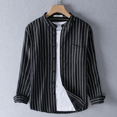 条纹立领亚麻衬衫 休闲宽松棉麻上衣日系复古衬衣潮 薄款 男长袖 夏季