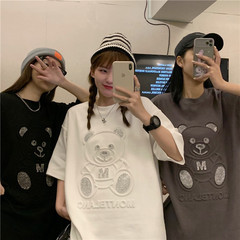 實拍德絨磨毛短袖T恤小熊百搭寬鬆套頭打底