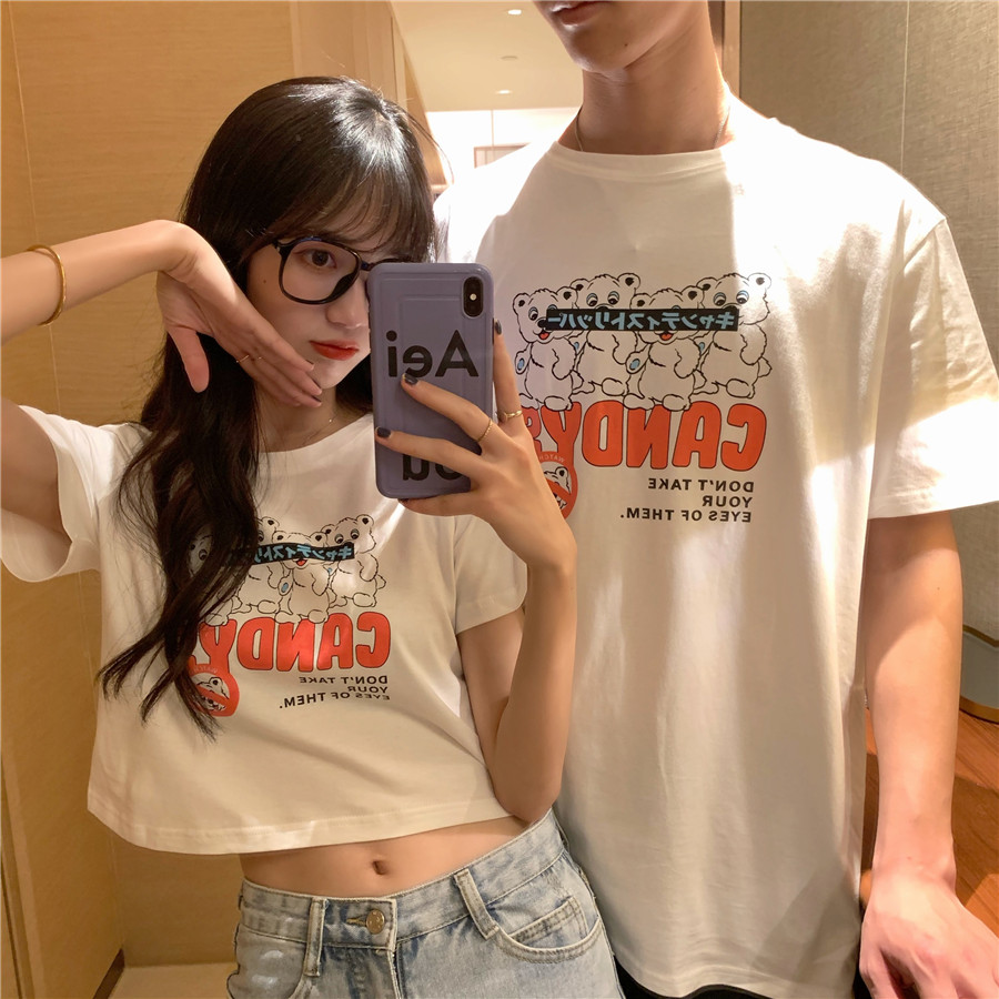 實拍  短款t恤女夏露臍韓版ins潮寬鬆百搭情侶裝夏裝