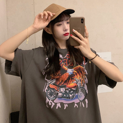 Real T-shirt women's mid long loose print age reducing Casual Short Sleeve Top