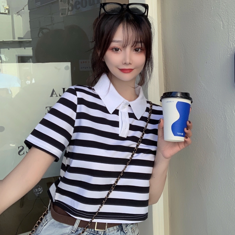 實拍 短袖t恤女條紋POLO領