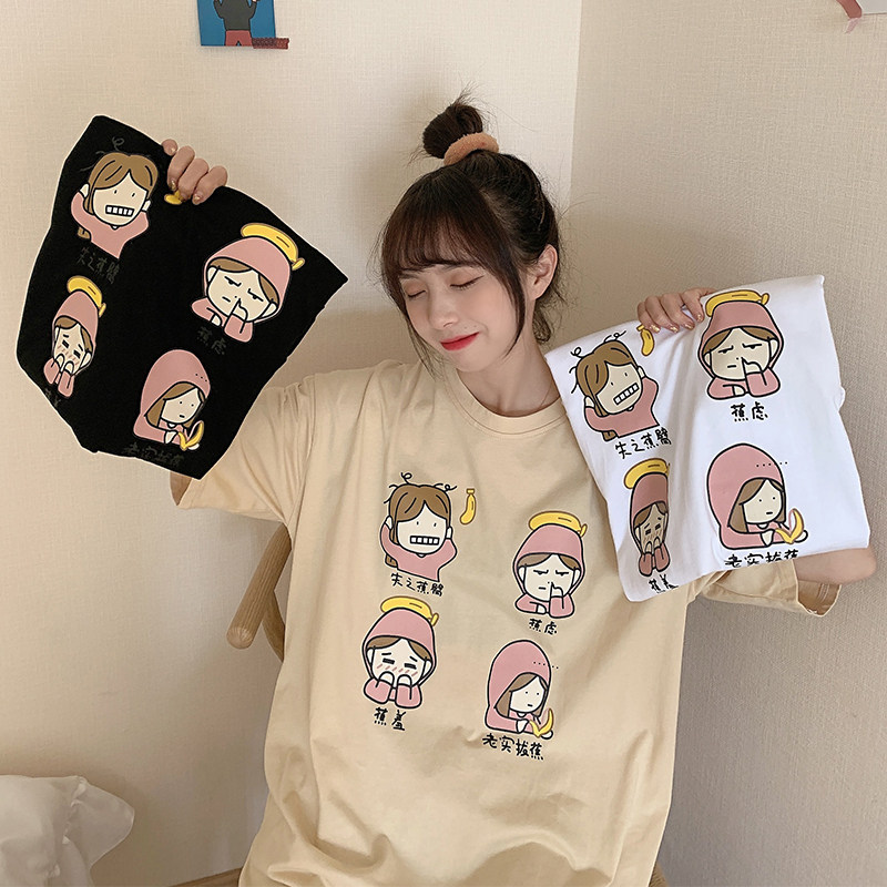 Real shot short sleeve T-shirt women's 2021 loose Korean ins small sweet cool design cartoon print top