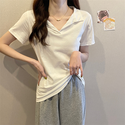 Real shot Korean POLO shirt women's short-sleeved T-shirt women's solid color cotton niche design