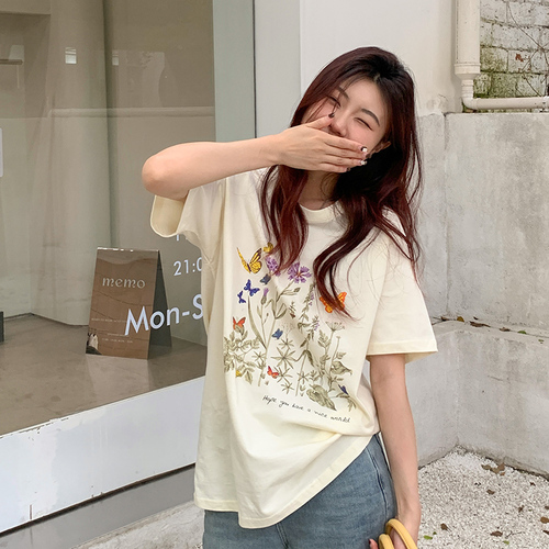 Real shot Korean version of literary ins plant print short-sleeved T-shirt women's summer new style