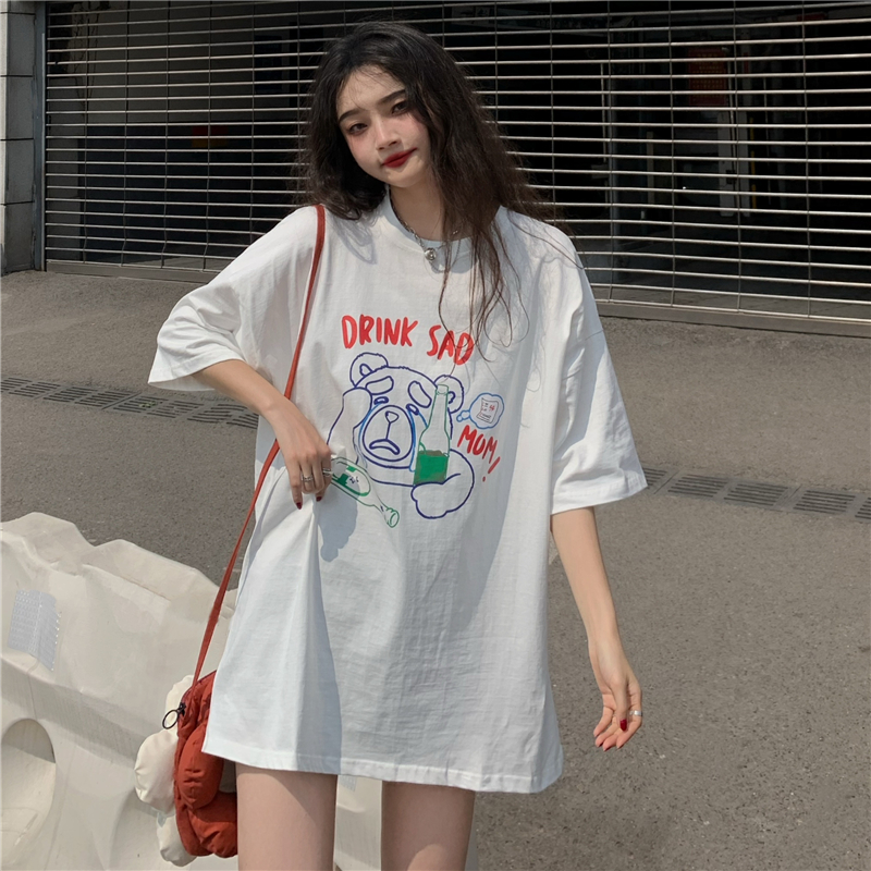 Real shot summer Korean new lower garment missing funny bear print loose medium length short sleeve T-shirt for women