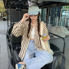 Real photo 2021 new women's chic top irregular Long Sleeve Striped Shirt women's design feeling