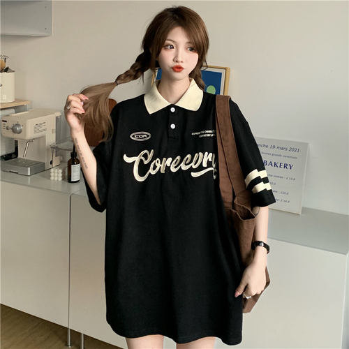 Real time fashion brand striped polo shirt contrast letter print short sleeve top