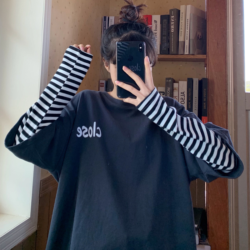 Real shot fake two striped long sleeve T-shirt women's spring new Korean loose versatile lazy student top