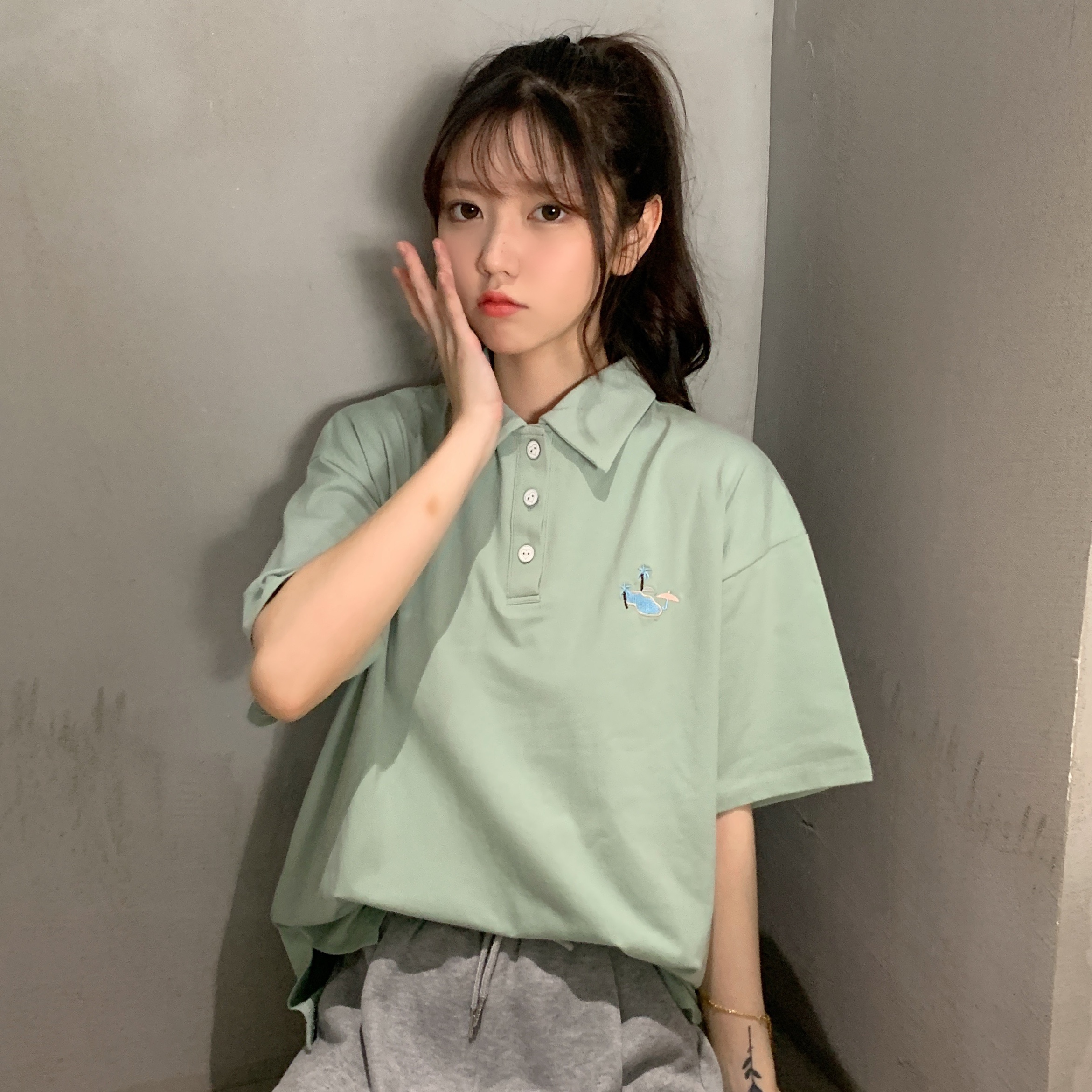 實拍 polo衫短袖t恤女寬鬆韓版ins原宿風學生chic港味半袖上衣