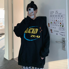 Real shot women's sweater loose Korean character letter printed hooded long sleeve student top