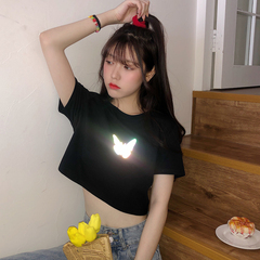 實拍  反光蝴蝶短袖t恤女短款韓版高腰露臍上衣