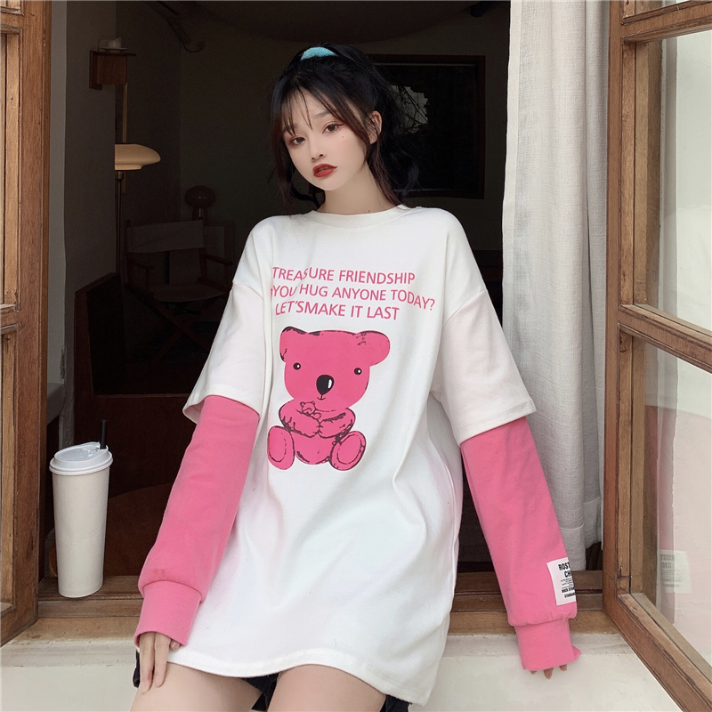 Real shot new fake two piece base coat women's foreign style loose long sleeve T-shirt women's top medium length