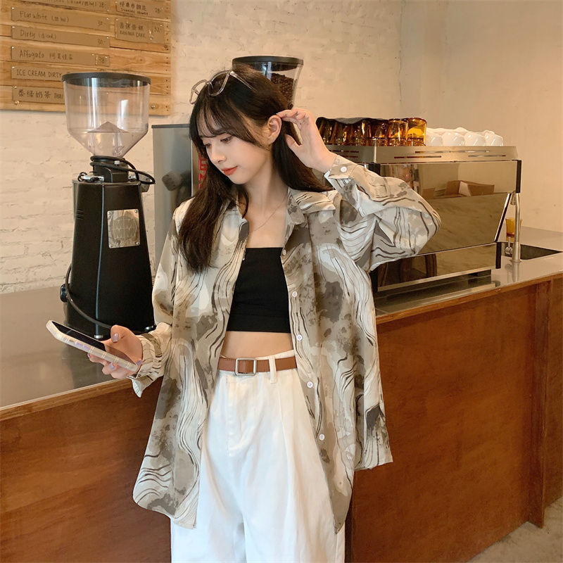 實拍 2021復古港風暈染別致女士水墨襯衫雪紡上衣女春夏設計感