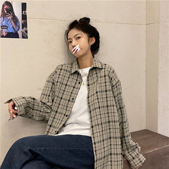 Real shot small square long sleeve Korean fashion loose Plaid Shirt Hong Kong Style handsome coat students versatile