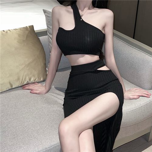 Real shooting sexy one shoulder exposed navel vest split long skirt two piece set women's summer solid color thread fashion suit