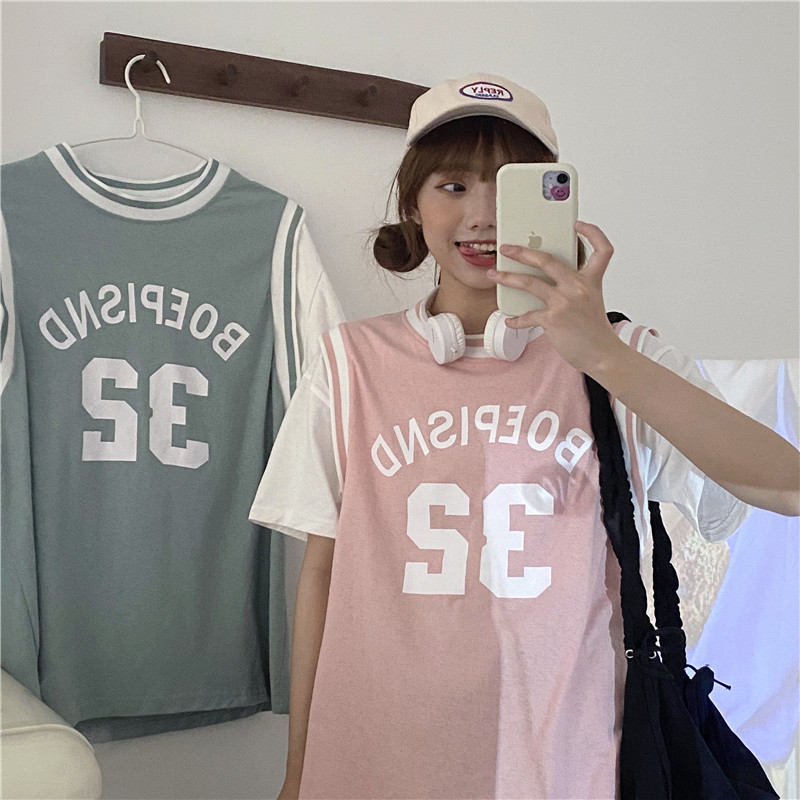 Real shot of summer Korean new fake two loose short sleeve T-shirt for female students