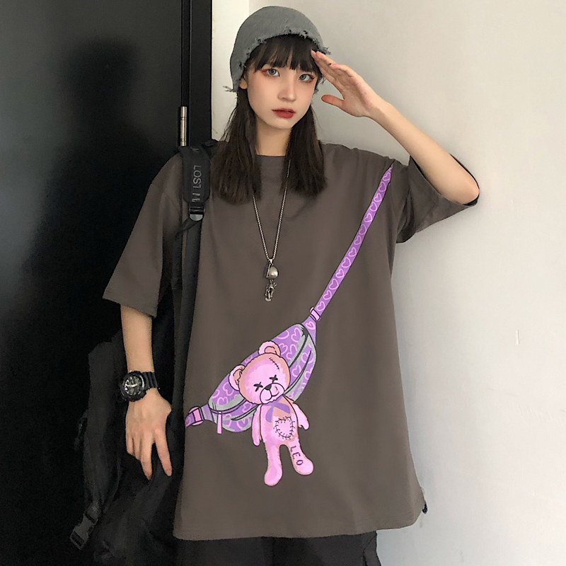 Original live shot Harajuku loose bag bear print short sleeve T-shirt