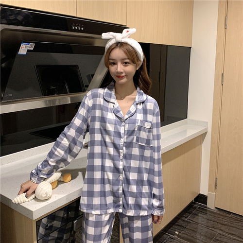 Real shooting pajamas women's autumn new long sleeve lattice suit fashion two-piece set