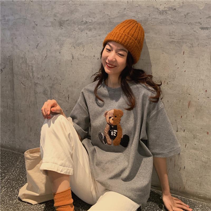 Real Korean new towel embroidered bear short sleeve loose T-shirt
