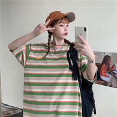 Real color matching stripe new cotton short sleeve T-shirt women's mid summer long Hong Kong style top