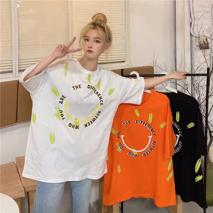 Real shooting original summer short sleeve T-shirt women's mid long loose print age reducing Casual Short Sleeve Top