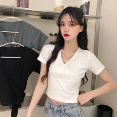 實拍 短款交叉V領設計感純色短袖T恤
