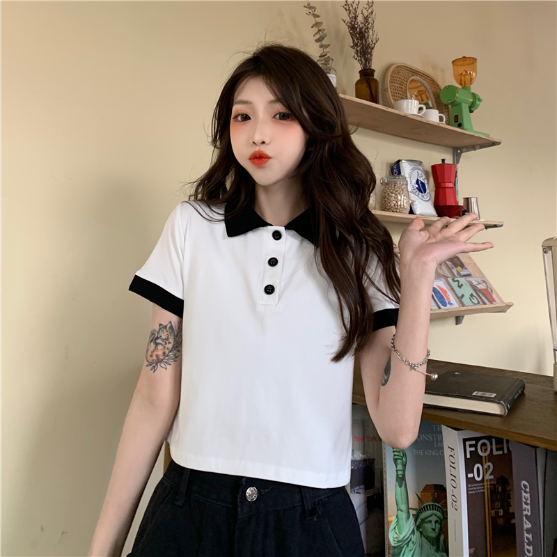 實拍新款翻領短款短袖恤女