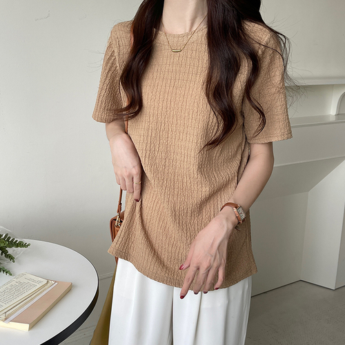 Real time jacquard fabric French retro solid color pleated jacquard short sleeve T-shirt women's top