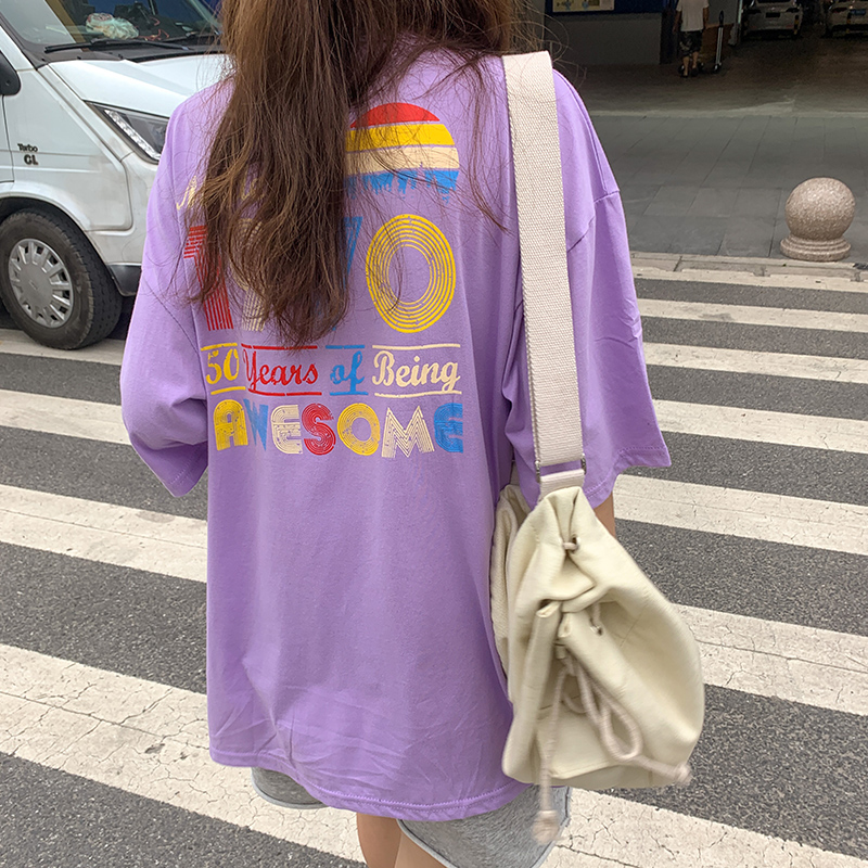 Real shot new fashion loose medium length short sleeve T-shirt