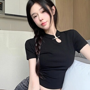 新中式 衫 改良版 显瘦黑色上衣女设计感t恤短袖 旗袍领盘扣修身 夏装